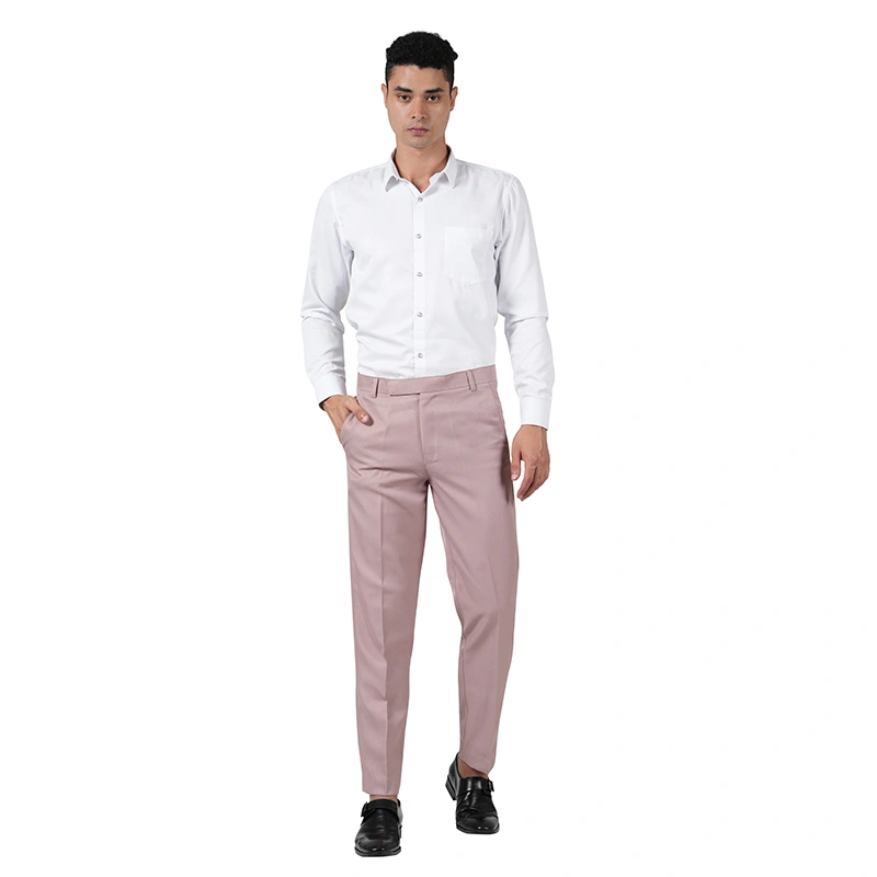 Male model in white formal shirt with dusty mauve formal trousers and black leather shoes - menswear ecommerce photography by Lohar Studio Delhi